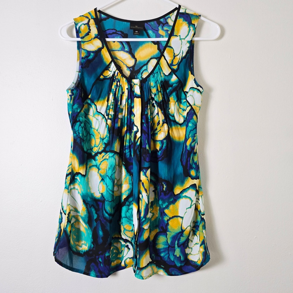 Worthington Sleeveless Blouse Womens Extra Small Tank Blue Green Yellow Floral